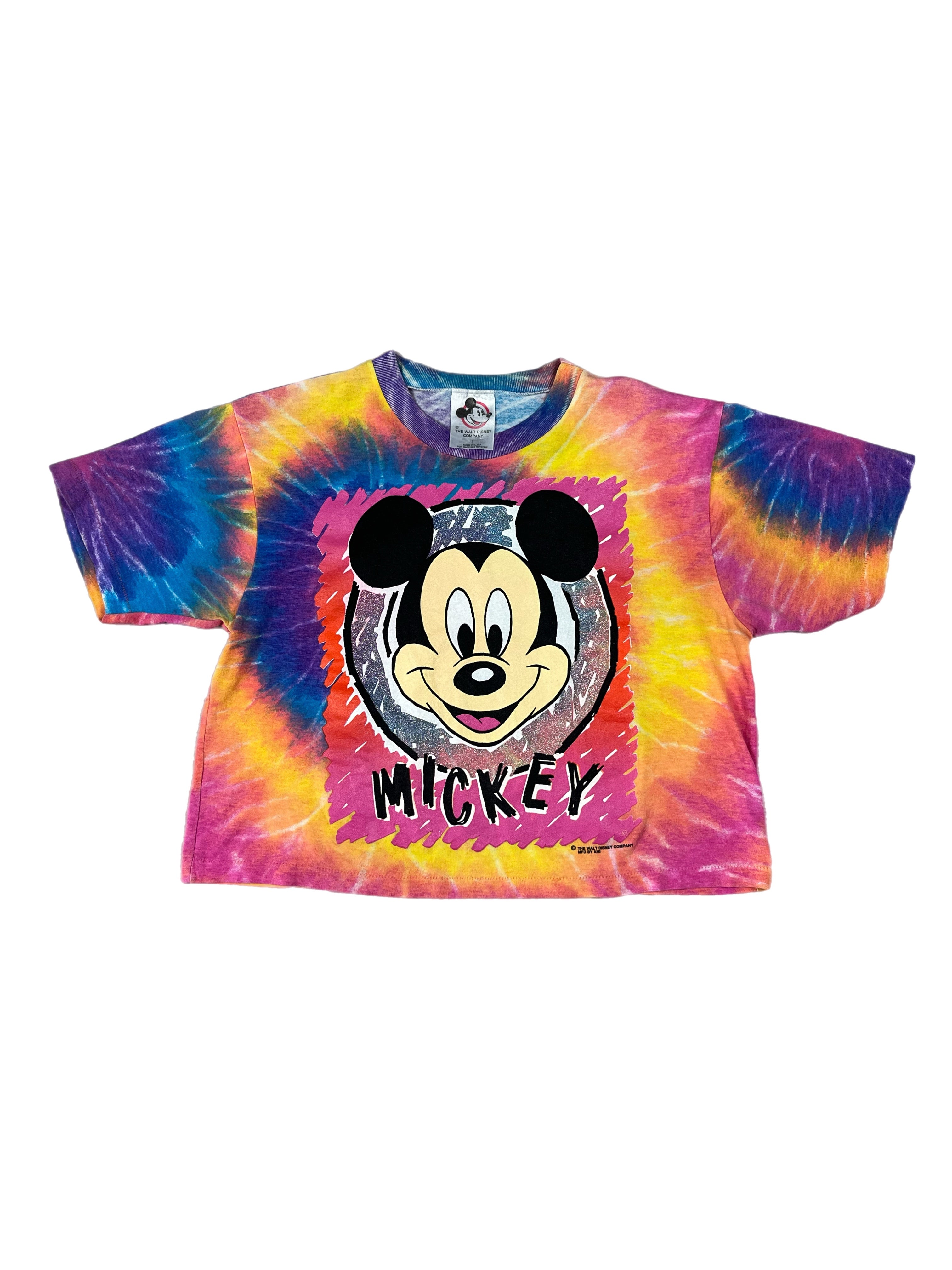 90s Tie Dye Mickey Mouse Cropped Shirt - L