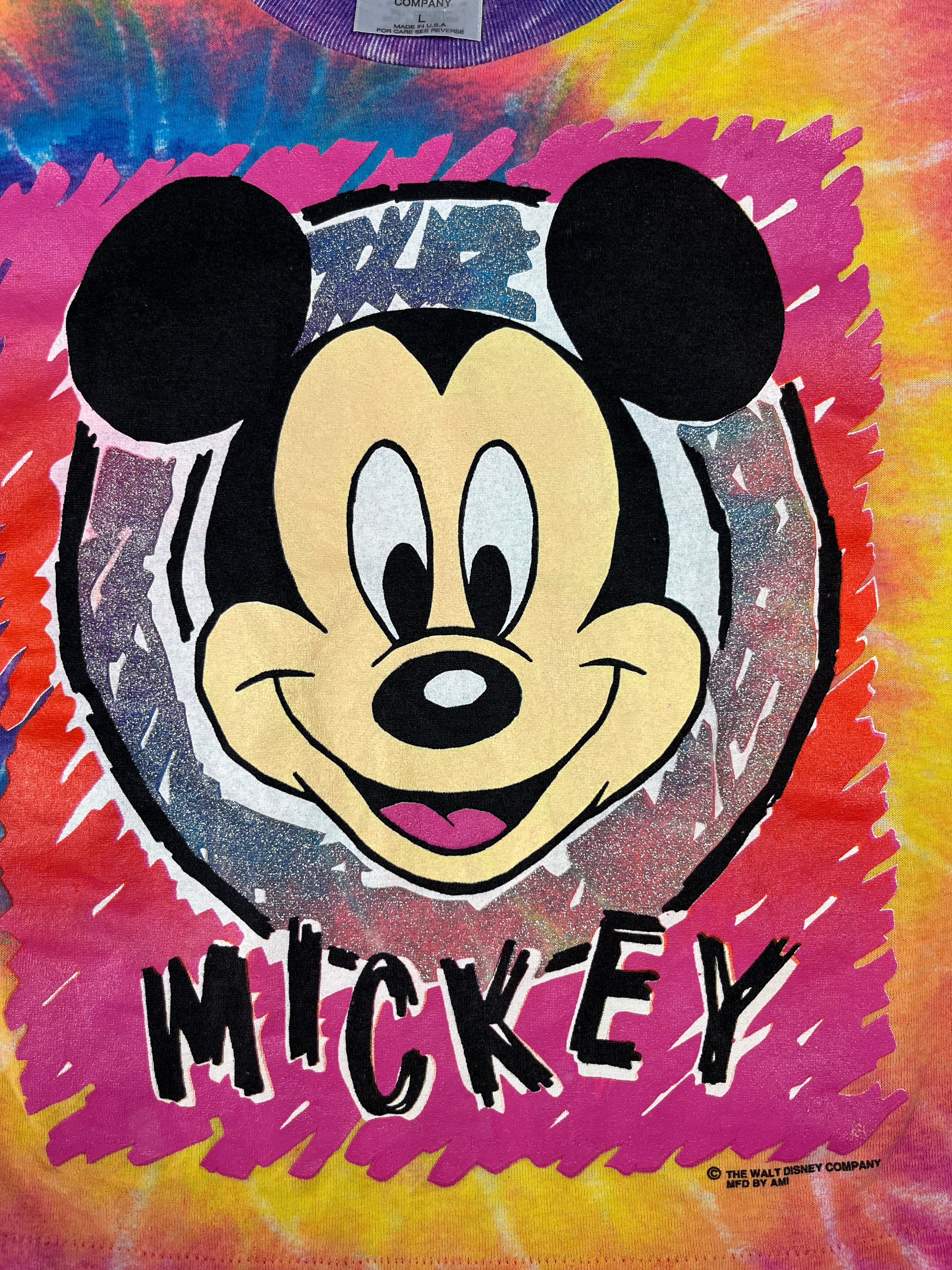 90s Tie Dye Mickey Mouse Cropped Shirt - L